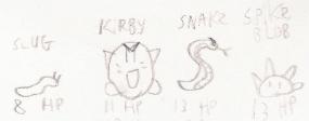 A picture from around 1994-1995. In addition to more generic-looking critters, Kirbys have begun to appear in my drawings of random enemies.